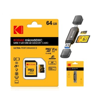 Karta pamięci Kodak microSDHC 64 GB UHS-I U3 V30 A1 – szybka karta do 4K + adapter i czytnik USB