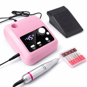 Profesjonalna Różowa frezarka do paznokci 45 000 RPM z pedałem nożnym + Frezy
