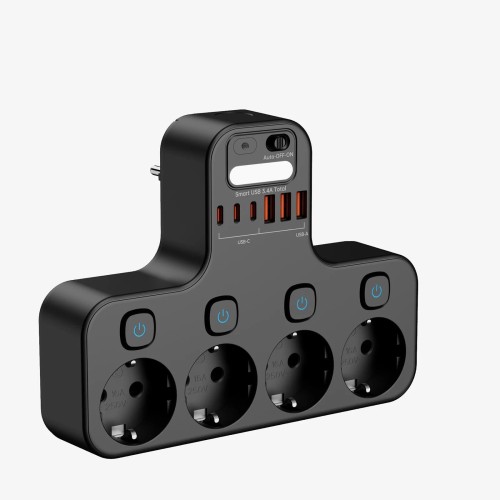 Czarna Listwa zasilająca z USB i USB-C – 4 gniazda 230V + szybkie ładowanie 3.4A