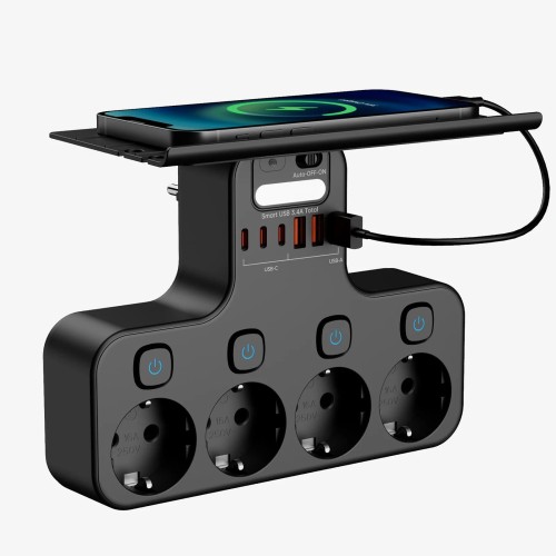 Czarna Listwa zasilająca 4x 230V + USB-A + USB-C z półką i ładowaniem bezprzewodowym Qi