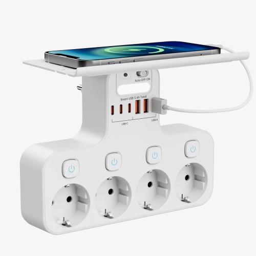Biała Listwa zasilająca 4x 230V + USB-A + USB-C z półką i ładowaniem bezprzewodowym Qi
