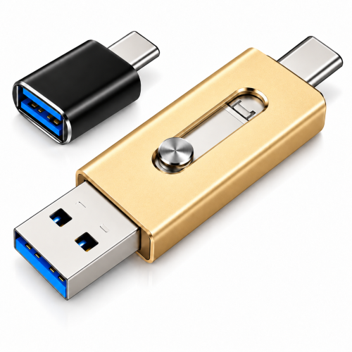 Złoty Pendrive 4w1 USB 3.0 Typ-C Lightning Micro-USB do iPhone Android PC