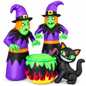 Dmuchane Czarownice z Kotłem i Kotem 180 cm Fioletowe Ozdoba na Halloween LED