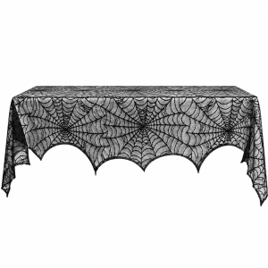 Obrus Nakładka na Kominek Stół Koronka Pajęczyna 244cm Czarna Ozdoba Halloween