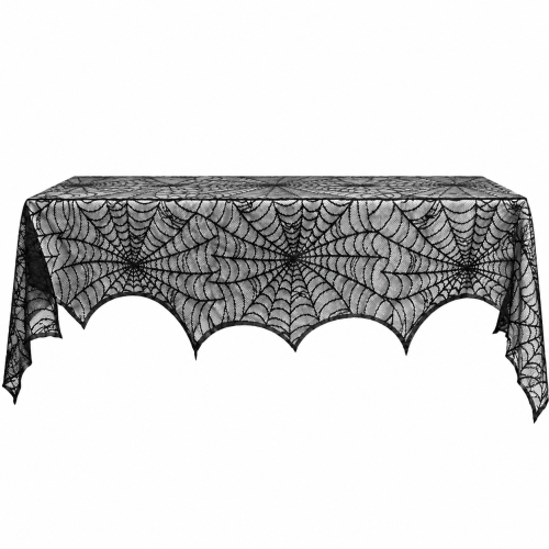 Obrus Nakładka na Kominek Stół Koronka Pajęczyna 244cm Czarna Ozdoba Halloween