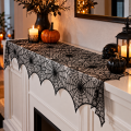 Obrus Nakładka na Kominek Stół Koronka Pajęczyna 244cm Czarna Ozdoba Halloween