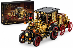 Klocki Vintage Ciągnik Pojazd Parowy Lokomobila Drogowa Steampunk Podświetlany 1331 Elementów