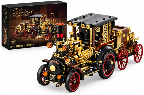 Klocki Vintage Ciągnik Pojazd Parowy Lokomobila Drogowa Steampunk Podświetlany 1331 Elementów