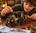 Klocki Vintage Ciągnik Pojazd Parowy Lokomobila Drogowa Steampunk Podświetlany 1331 Elementów